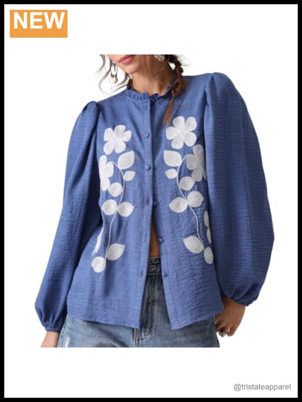 Women's Boho Floral Embroidered Blouse, Puff Long Sleeve Button Down Casual